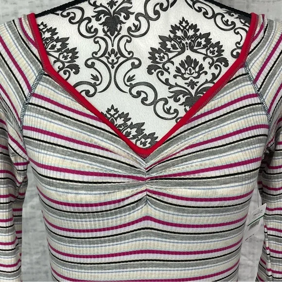 NWT Large Free People Put A Stripe On It Thong Bodysuit Vneck Long Sleeves - Picture 14 of 15